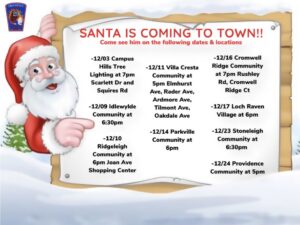 List of dates with santa pointing.